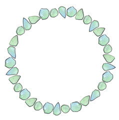 Watercolor ring frame wreath of hand-drawn green glass splinter in sketch and doodle style on white background