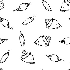 Graphic hand drawn pattern with shells in sketch style on white background