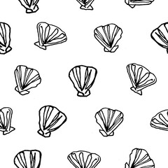Graphic hand drawn pattern with shells in sketch style on white background
