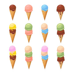 Set of various color ice cream in waffle cones. Flat style illustration. Summer dessert vector icons.