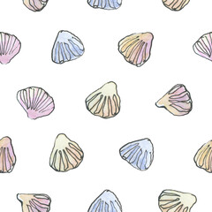 Watercolor hand drawn pattern with shells in sketch style on white background
