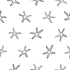 Black and white graphic hand drawn pattern with coral, starfish, sea star in sketch style on white background