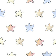 Watercolor hand drawn pattern with coral, starfish, sea star in sketch style on white background