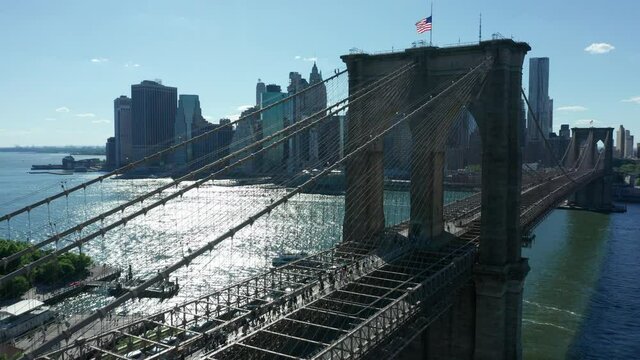 flying backward shot of BLM march across Brooklyn Bridge