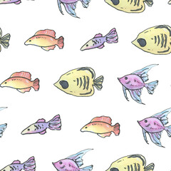 Watercolor pattern of hand-drawn isolated fish in sketch and doodle style on white background