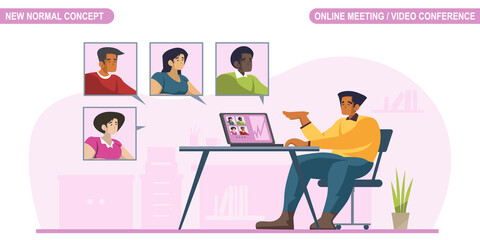 New normal concept. People on computer screen taking with colleagues. Video conferencing and online meeting workspace. self-quarantine to prevent from coronavirus COVID -19. Vector illustration