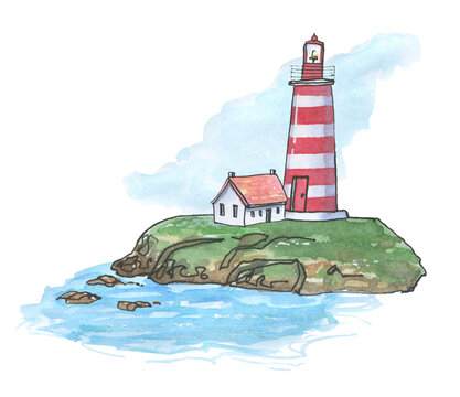 Watercolor poster postcard with hand drawn red and white striped lighthouse in sketch and doodle style on white background