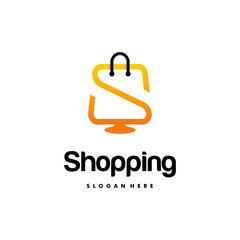 Online Shop Logo designs Template, Computer and Shopping bag logo Vector illustration