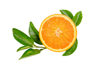 Fresh orange slice with leaves isolated on white background.