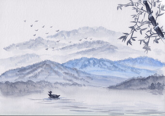 Fototapeta na wymiar Watercolor Illustration with mountains, river & fisherman boat. Asian serene landscape with bamboo. Oriental style painting with layers of rocks & birds. Concept for restore meditation background.