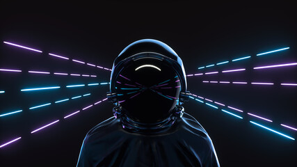Retrowave style 3d illustration. Futuristic astronaut on neon background © Aleksandra Sova