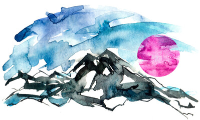 Obraz premium Watercolor picture of mountains. Abstract vintage spots of black, white. Lunar or solar eclipse. Silhouette of the mountains. Postcard, picture, poster, logo. Suburban. Watercolor painting.
