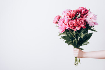 Female hand holds beautiful bouquet of peonies. Flower delivery concept - obrazy, fototapety, plakaty