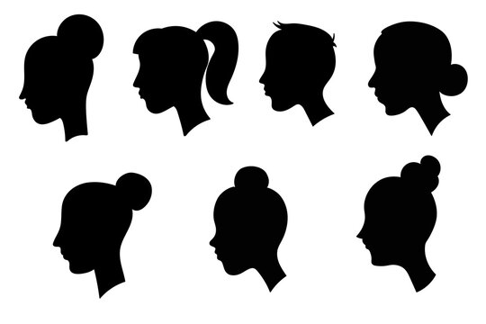 Set of profile portraits. Young women with different hairstyles