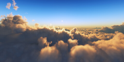 Fototapeta na wymiar Beautiful aerial view above clouds with sunset. 3d illustration