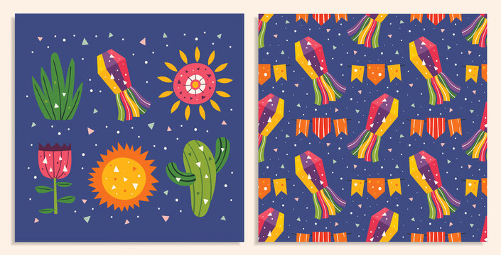 Mexico holiday. Flags, pinata, cactus, sun, flower, grass. Mexican party national decoration. Latin America summer night. Flat colourful vector seamless pattern, texture, background. Card making.