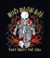 Skull and crossbones. Vector skull illustration, with MMA gloves, with grid and texture background. Suggested use for posters, banners, t-shirts and promotional items.