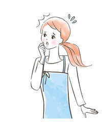 困って焦っているエプロンを着たかわいい女性/喧嘩する/パステル画/手描きのイラスト