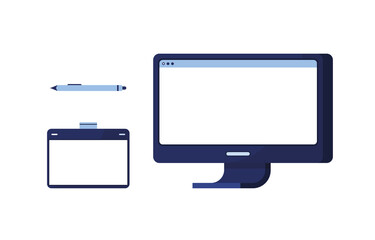 Set icon vector illustration pc computer with graphic tablet and brush for drawing. Set for creativity. Painting, drawing. Blue. On white background. Eps 10