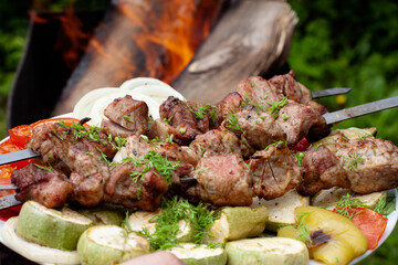 a tray with meat on skewers sprinkled with herbs on grilled vegetables