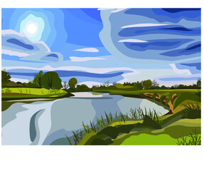 Fototapeta na wymiar Vector image of nature. Rectangular landscape with forest, meadow and river for interior decoration or print. Flora in summer open spaces.