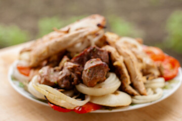 grilled meat and vegetables on a plate. chicken, meat, pepper, onion, tomatoes