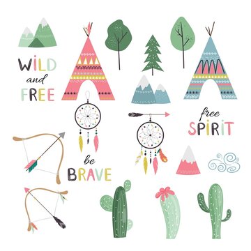 Set with native american elements for your design. Wigwam, arrows, hand drawn lettering, forest, mountain, dream catcher