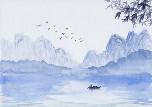 Watercolor Illustration with sea, mountains & fisherman boat. Asian peaceful tranquil landscape with bamboo leaves. Oriental style painting with flying birds. Concept for restore meditation background