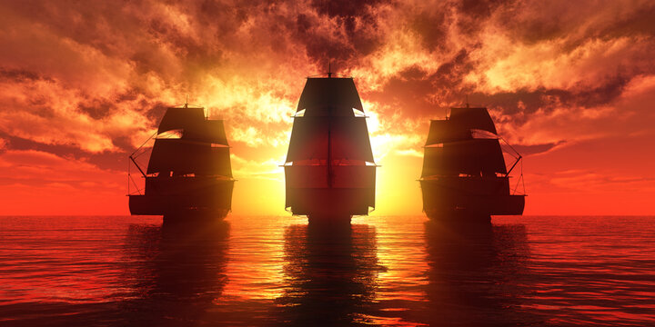 Old Three Ships Sunset At Sea, 3d Rendering