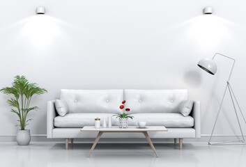 Living room interior in modern style, 3d render with sofa and decorations.