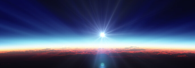 Earth sunrise from space over cloudy ocean. 3d rendering