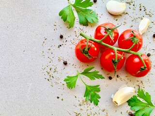 Tomato, spices, pepper, garlic, parsley, herb. Vegan diet food, creative cherry tomato composition isolated on gray background. Organic fresh vegetables. Copy space for text, top view. © Anna