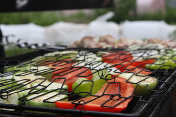 vegetables on the grill. cooking on coals. pepper, onion, zucchini