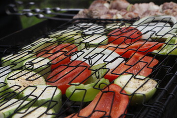 vegetables on the grill. cooking on coals. pepper, onion, zucchini