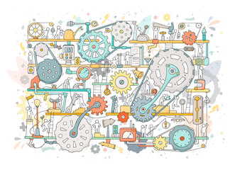 Sketch of people teamwork, gears, production
