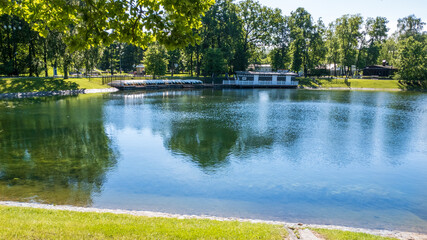 surface of the pond and boat station on the shore