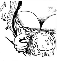 The waitress’s chest and a large mug of beer with foam. Black and white illustration
