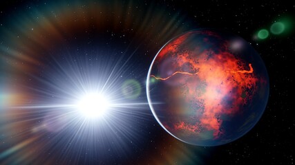 super-earth planet, realistic exoplanet, planet suitable for colonization, earth-like planet in far space, planets background 3d render	
