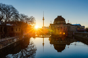 Berlin sunrise cityscape view with tv tower and spree river