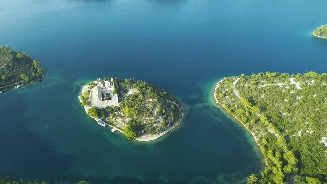 Aerial view of the Mljet National Park in Croatia with Veliko and Malo Lakes. Footage of St. Mary's island and its amazing Benedictine monastery. Concept: holidays and tourist attraction in Croatia