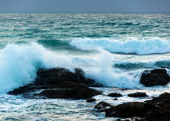 Cliffs on the shore of the Atlantic Ocean. Thunderstorm weather