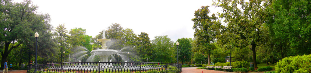 Forsythe Park is a large and beautiful green space in the stunning City of Savannah in Georgia USA with statues and fountains 