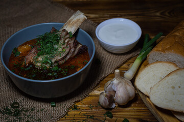 traditional Russian Ukrainian borscht with bone