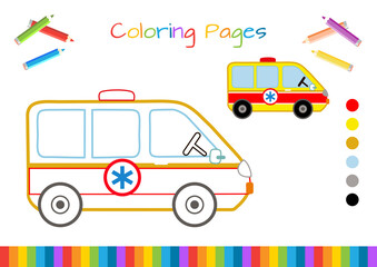 Drawing for coloring: Ambulance car. Coloring, sticker, postcard, scrapbooking, products for children.