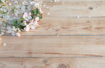 White flowers on a wooden background. Flowers are scattered on a wooden table. View from above