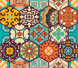 Vector patchwork quilt pattern. Vintage decorative collage. Hand drawn background. Indian, Arabic, Turkish motifs for printing on fabric or paper. Abstract colorful doodle pattern in mosaic style