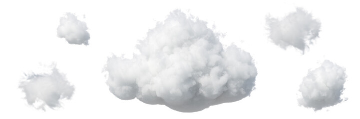 Fototapeta 3d render. Abstract fluffy white clouds isolated on white background. Weather forecast symbol. Cumulus clip art set collection. Sky design elements set obraz