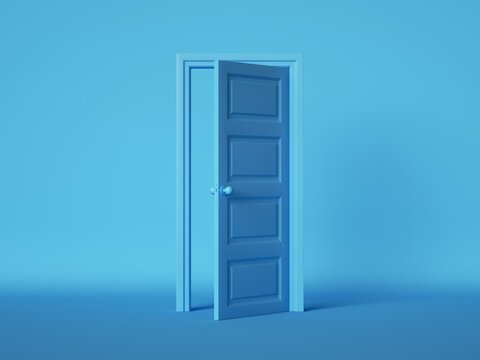 3d Render, Open Door Isolated On Blue Background. Architectural Design Element. Modern Minimal Concept. Opportunity Metaphor.