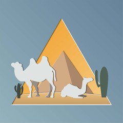 Camel caravan going through the desert, camel in the desert with pyramids in Egypt.Vector illustration