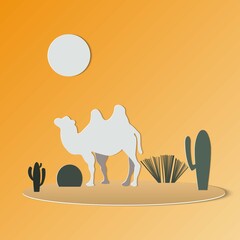 Oasis with camels and cactus tree.Camel caravan.Vector illustration